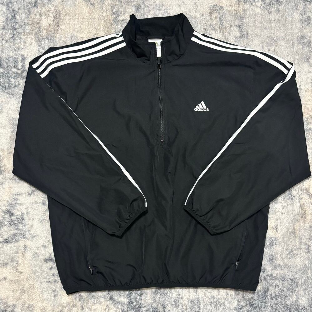Y2K Adidas Men's Black 3-Stripe Quarter-Zip Windbreaker Track Jacket Size XL